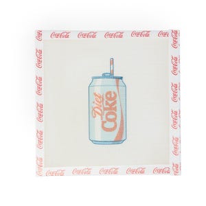 May include: A square, white canvas features a Diet Coke can design with a straw. The can is light blue with the words "Diet Coke" in red script. The border is white with the Coca-Cola logo in red.