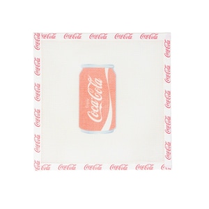 May include: A square, white canvas with a repeating Coca-Cola logo border. The center features a red Coca-Cola can with the brand's logo in white script. The can has a white curved design.