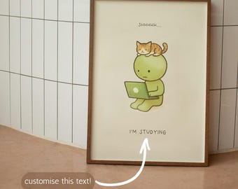 Custom SMISKI Laptop Work Series | Figure Illustrated Poster Art | Study Work Customized Personalised Kawaii Sunday Cheer Green Cute Cat