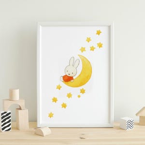 Illustration dessinée à la main de MIFFY Lune | Impression numérique, oeuvre d&#39;art murale téléchargeable, somnolent, mignon, confortable, poster mural de chambre à coucher