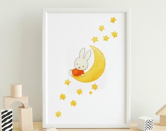 Illustration dessinée à la main de MIFFY Lune | Impression numérique, oeuvre d'art murale téléchargeable, affiche murale chambre d'enfant endormie confortable