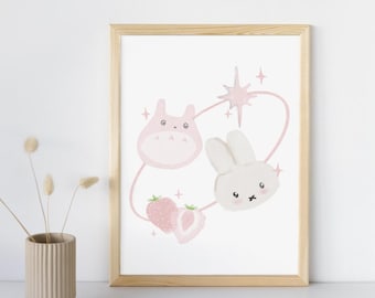 ミッフィー コケット イラスト：ウサギの手描きギャラクシー ストロベリー かわいい寝室用ウォールアートプリント