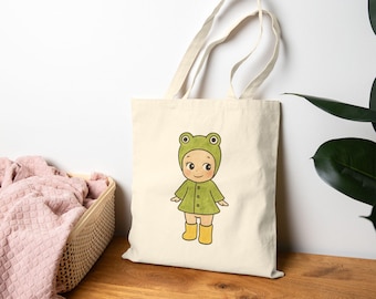 SONNY ANGEL Rainy Frog Canvas Tote Bag: Y2K Aesthetic Quirky Collectible Pastel, Eco-Friendly Reusable