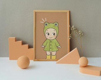 SONNY ANGEL Frog Poster: Rain Y2K Coquette Gumboots Aesthetic Wall Decor, Baby Cherub Art, Pastel and Trendy Room Decor Idea, Cozy Wall Art