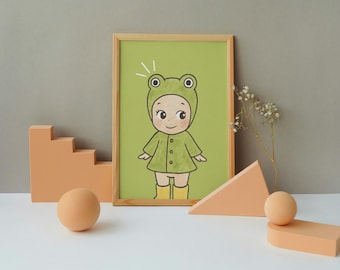 SONNY ANGEL Frog Poster: Rain Y2K Coquette Gumboots Aesthetic Wall Decor, Baby Cherub Art, Pastel and Trendy Room Decor Idea, Cozy Wall Art