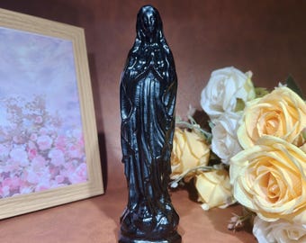 Estatua de la Virgen María tallada a mano en obsidiana negra, decoración para el altar del hogar.