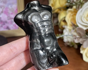 Hand Carved Silver Sheen Obsidian Male Torso Sculpture, Home Decor