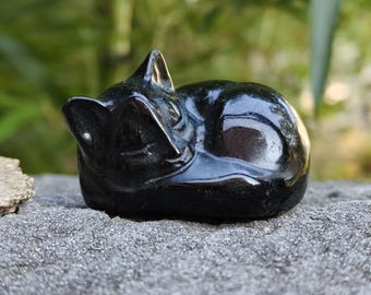 Kattfigur i naturlig svart obsidian, kristallkattskulpturer, handgjord kristallsöt djursnideri, presenter till kattälskare, bordsdekor