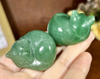 Groene aventurijn slapende kat beeldje, kristallen kat, handgesneden helende kristallen dierendecoratie, tafelornament, kristallen cadeaus