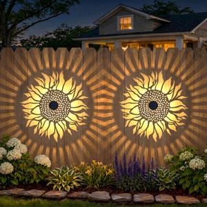 May include: Two sunflower-shaped solar lights mounted on a wooden fence, casting a warm glow. The lights are surrounded by a garden with white and purple flowers, and green foliage. The scene is set at night.