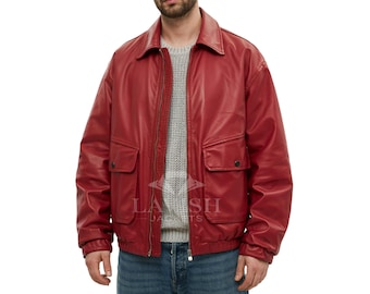 Men's Red Leather Bomber Jacket: Handmade Vintage Style