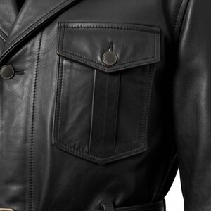 Mens Black Real Leather Military Field Jacket with Belted Waist image 5