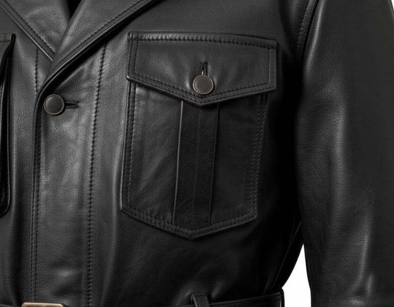Mens Black Real Leather Military Field Jacket with Belted Waist image 5