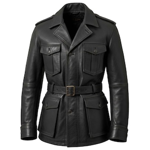 Mens Black Real Leather Military Field Jacket with Belted Waist image 1
