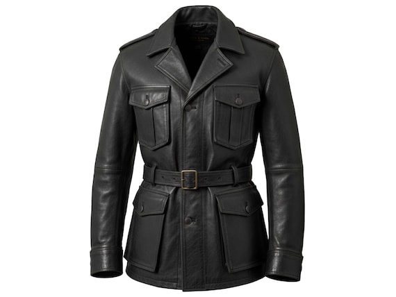 Mens Black Real Leather Military Field Jacket with Belted Waist