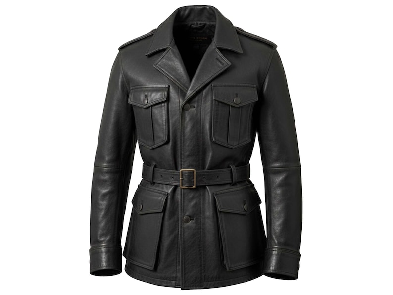 Mens Black Real Leather Military Field Jacket with Belted Waist image 1
