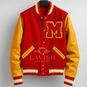 Herr Varsity Letterman-jacka röd och gul | Collegebomberjacka i ull och läder | Retro M-lappjacka