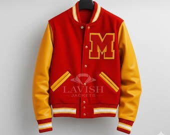 Men’s Varsity Letterman Jacket Red & Yellow | Wool And Leather College Bomber | Retro M Patch Jacket