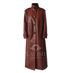 Women&#39;s Maroon Leather Trench Coat – Full-Length durable winter coat