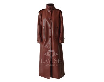 Women's Maroon Leather Trench Coat – Full-Length durable winter coat