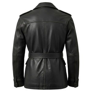 May include: A black leather jacket with a belted waist and a double-breasted design. The jacket features a notched collar, shoulder epaulets, and buttoned cuffs. The back view shows a tailored fit.