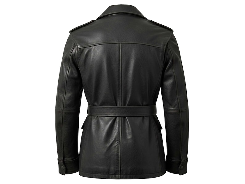 May include: A black leather jacket with a belted waist and a double-breasted design. The jacket features a notched collar, shoulder epaulets, and buttoned cuffs. The back view shows a tailored fit.