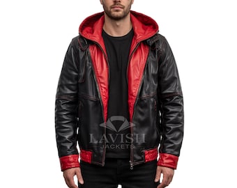 Men’s Black and Red Hooded Leather Jacket – Biker Motorcycle Coat