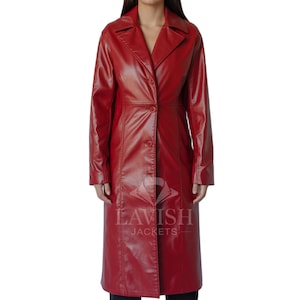 Women&#39;s Stylish  Red Leather Trench Coat –Long Overcoat for Winter