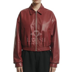 Trendy Women’s Red Bomber Leather Jacket – Elastic Waist Zip-Up Short Coat