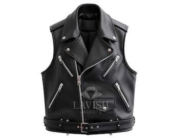 Men’s Black Leather Biker Vest – Sleeveless Motorcycle vest