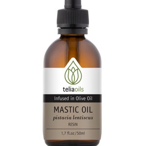 May include: A brown glass bottle of Mastic Oil with a black dropper. The label reads "teliaoils" and "Infused in Olive Oil." The bottle contains 1.7 fl.oz. / 50ml of resin.