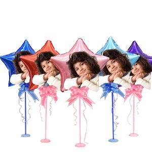 Globos de estrella personalizados con foto, globos de aluminio de 45 cm con soporte de mesa para niños, familiares y amigos.