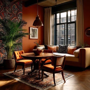 May include: A cozy dining room with a round wooden table and four orange velvet chairs. A patterned rug sits beneath the table and chairs. A large window with beige curtains and a sofa with orange pillows are in the background. A large potted plant is on the left.