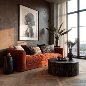 May include: A modern living room featuring a rust-colored velvet sofa with patterned throw pillows. A large framed portrait hangs above the sofa. A round, dark wood coffee table and a black side table complete the space. A large window offers a view of the city.