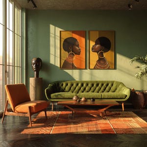May include: An interior design scene featuring a green tufted sofa, an orange armchair, and a wooden coffee table. Two framed portraits of women with gold jewelry hang on the olive green wall. An orange and red patterned rug adds warmth.
