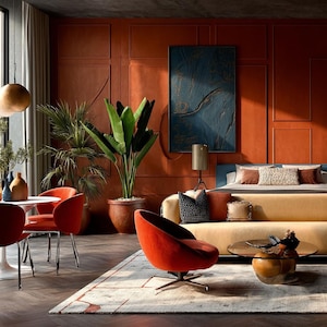 May include: A modern living space with a warm color palette. Features include a large sofa, a round coffee table, and a red accent chair. The room is decorated with plants, artwork, and a patterned rug. The walls are a deep orange.