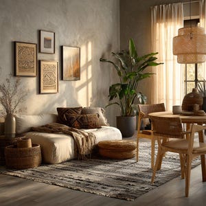 May include: A living room scene with a neutral color palette. Features include a low-profile sofa with decorative pillows, a woven rug, and a round wooden dining table with chairs. Artwork and a large potted plant add to the decor.