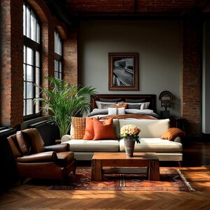 May include: A well-lit, spacious living room with exposed brick walls and large windows. A cream-colored sofa with orange pillows faces a wooden coffee table. A leather armchair sits to the left, and a bed is visible in the background.
