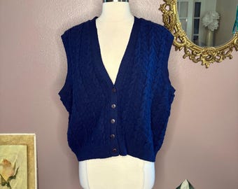 Chaleco vintage de lana Pendleton XL, punto trenzado azul marino, 100 % lana virgen, EE. UU.
