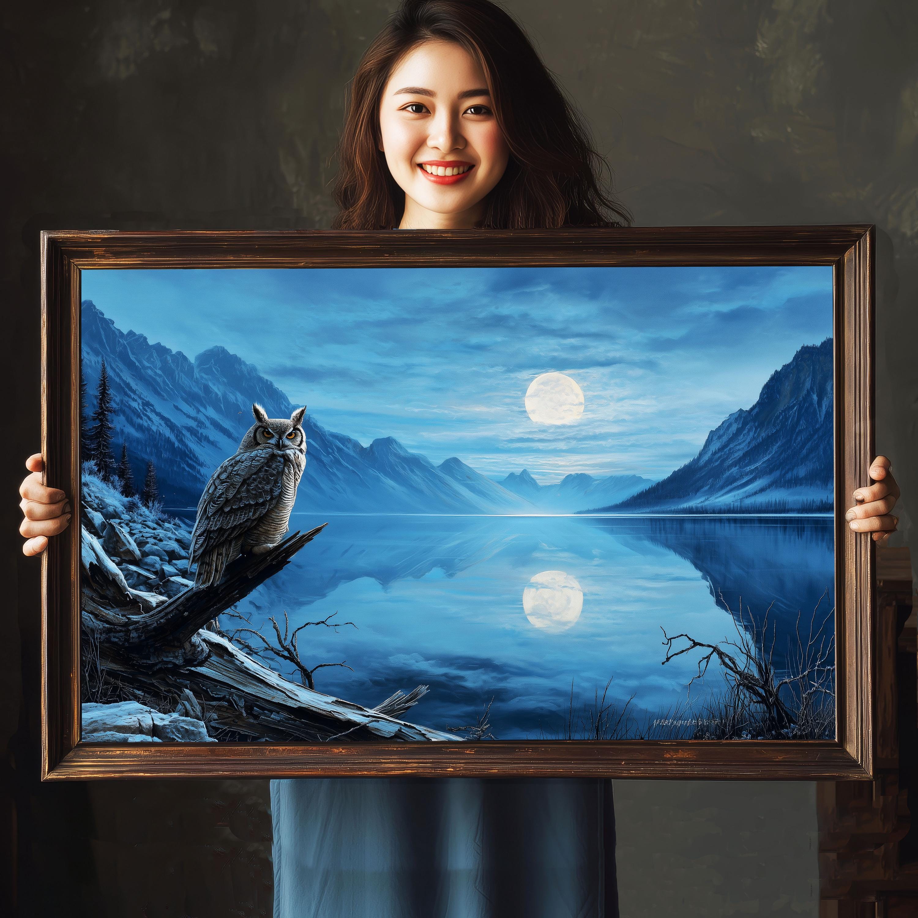 Great Horned Owl Oil Painting, Mountain Lake Full Moon Night Scene Artwork, Nocturnal Wildlife Lands