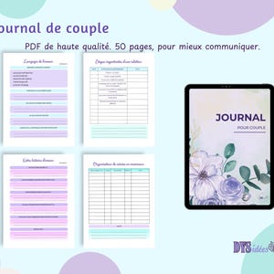 Peut inclure: Un journal de couple numérique affiché sur une tablette avec une couverture florale ornée de fleurs violettes et bleues. Quatre pages supplémentaires sont visibles, incluant des sections sur les langages de l'amour et les étapes de relation.