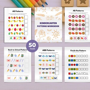 Peut inclure: Un cahier d'exercices de 50 pages sur les motifs pour la maternelle, comprenant des feuilles éducatives avec des illustrations colorées de fruits, beignets, fournitures scolaires, insectes et formes géométriques pour compléter des séquences.