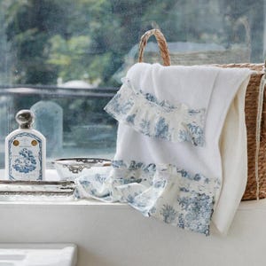 Ruffled Hand and Face Towels with French Toile de Jouy, Romantic Gift Towels for Bathroom and Kitchen or Guest Use