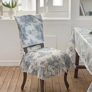 Ruffled French Toile de Jouy Chair Cushion & Back Cover Set or Single, Vintage inspired Dining room Makeover, Transform Your Dining Chair