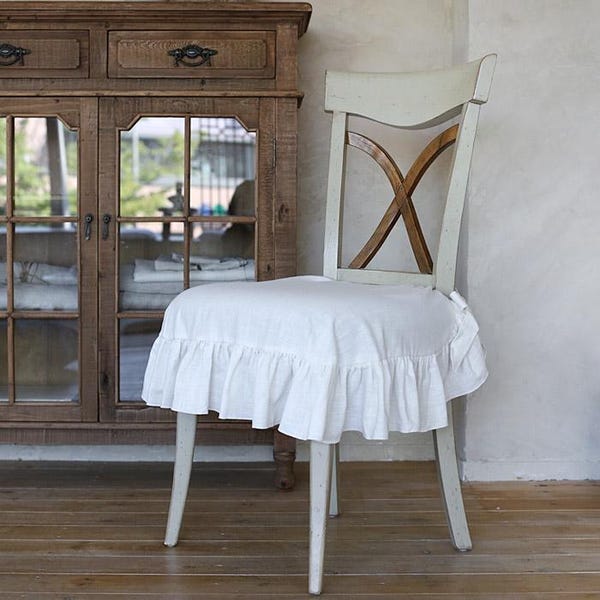 Ruffled Linen Cotton Chair Seat Cover in 3 colors, Elegant & Durable Seat Slipcover, Neutral to Match from Modern to Classic Interior