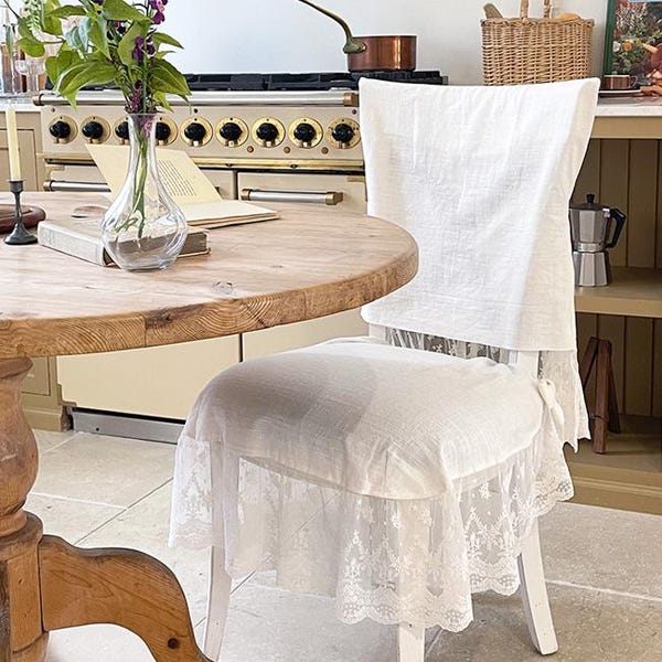 Romantic Lace Ruffle Chair Seat & Back Slipcover Set or Single, Linen Cotton Blend, perfect for Wedding Bridal Decor