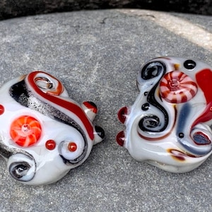 Funky freeform pair of pressed lampwork glass beads in shades of grey, cream, black and red