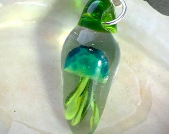 Small green jellyfish lampwork glass pendant with sterling silver bail