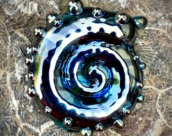 Deep green shiny metallic ammonite lampwork bead pair