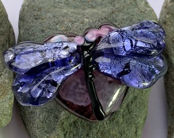Dragonfly on a heart lampwork glass focal bead/pendant